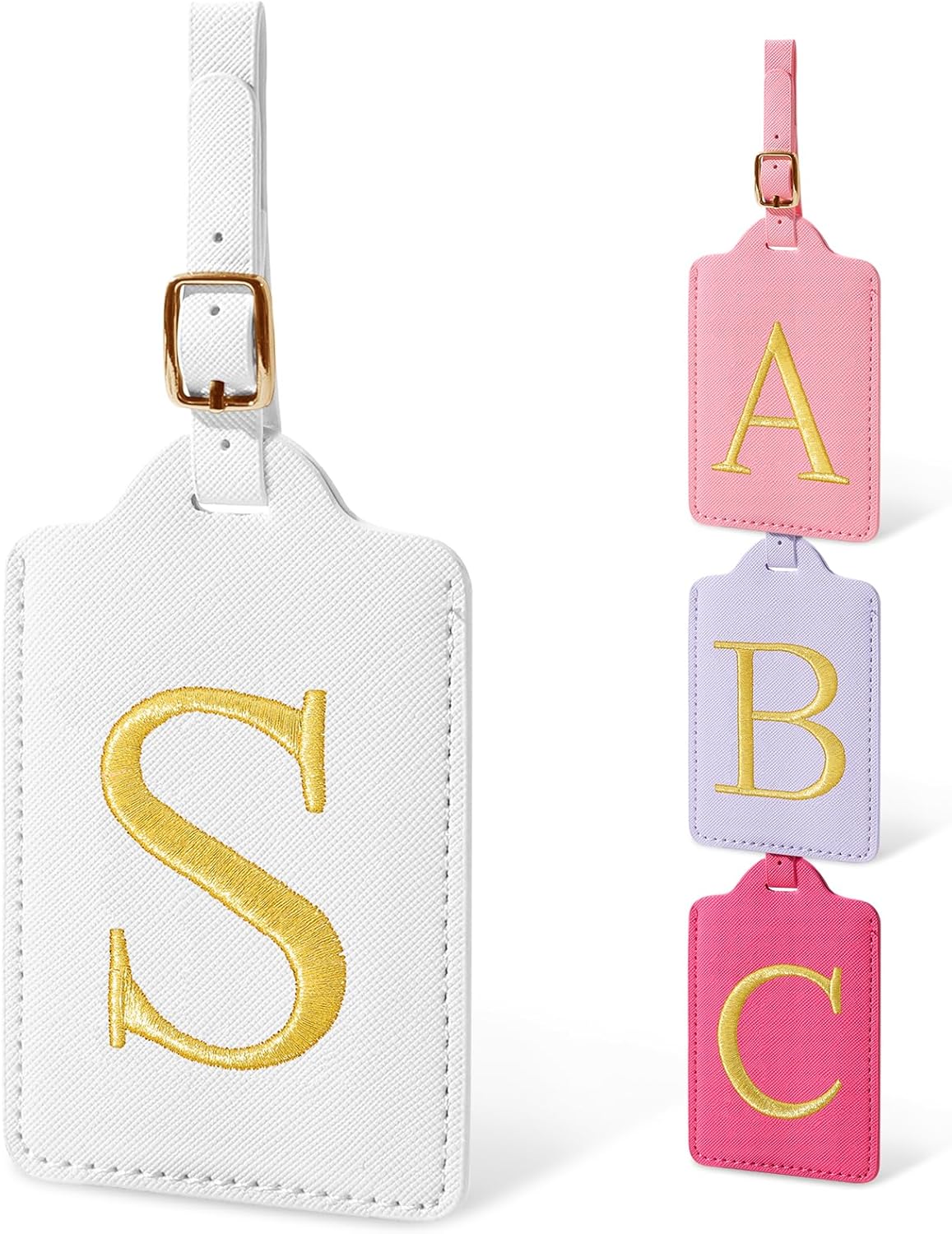 Personalized Initial Luggage Tags for Suitcases, Cute PU Leather Embroidered Letter Travel Luggage Tags, Suitcase Identifier Name Baggage Tag, Bag Tags for Men Women Kids Luggage Handbags(White S)