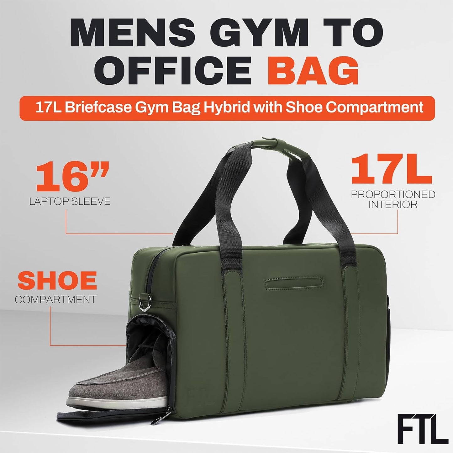 The FTL Lite Mens Gym to Office Bag - 17L Briefcase Gym Bag Hybrid with Shoe Compartment & 16" Laptop Sleeve - Executive Daily Carry & Overnight Duffel for Athletic Business Pros - Abbot Green
