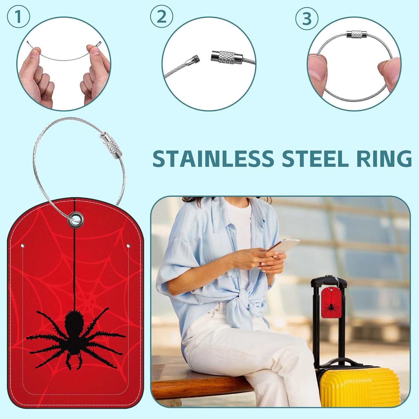 2 Pack Cute Luggage Tag for Suitcases Spider on Spider Web Leather Luggage Tags with Stainless Steel Loop Privacy Flap Name Tags,Men and Women Travel Bag Suitcase Tags