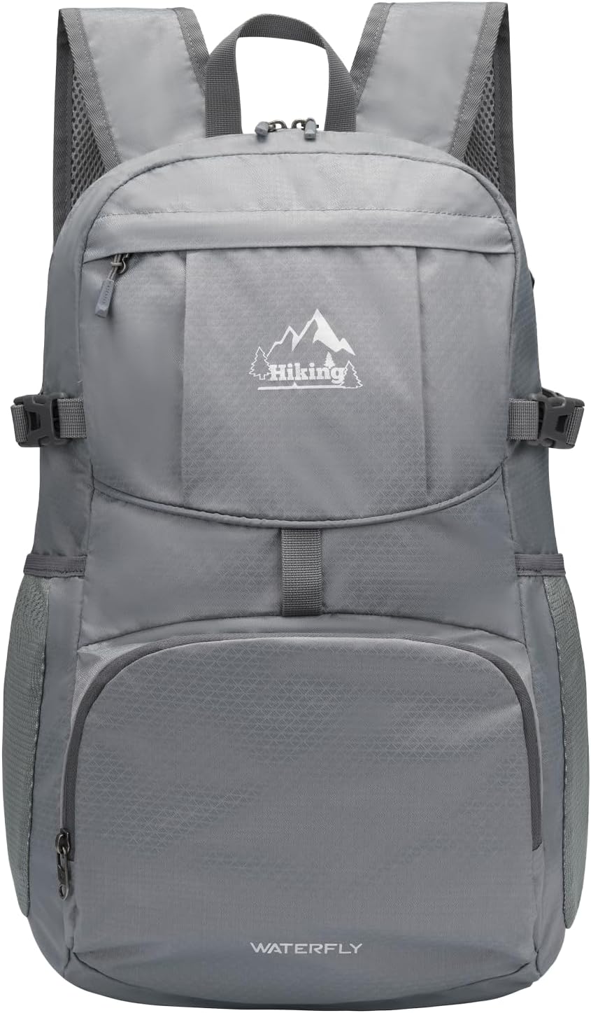 WATERFLY Hiking Packable Daypack Backpack: 35L Ultra Lightweight Day Pack for Woman Man - Large Compact Folding Back Pack for Outdoor Sport Cycling Camping Travel Trip - Gray