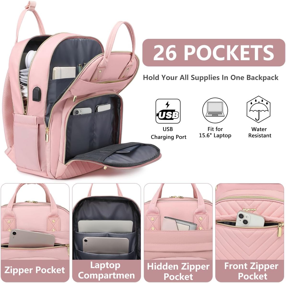 Laptop Backpack for Women Work Bag - 15.6 inch Travel Backpack with USB Charger Business Computer