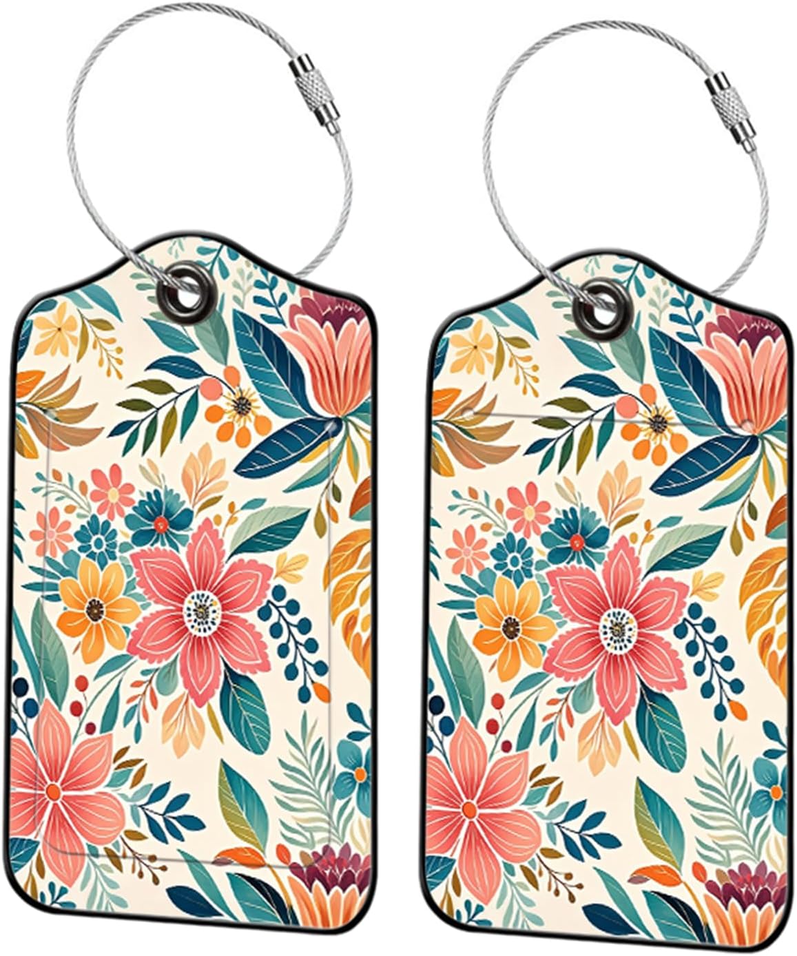 2 Pack Flowers Leather Luggage Tags for Suitcases, Travel Bag Tags with Privacy Cover ID Label with Stainless Steel Loop for Women Men Girls Backpack Gift (Red)