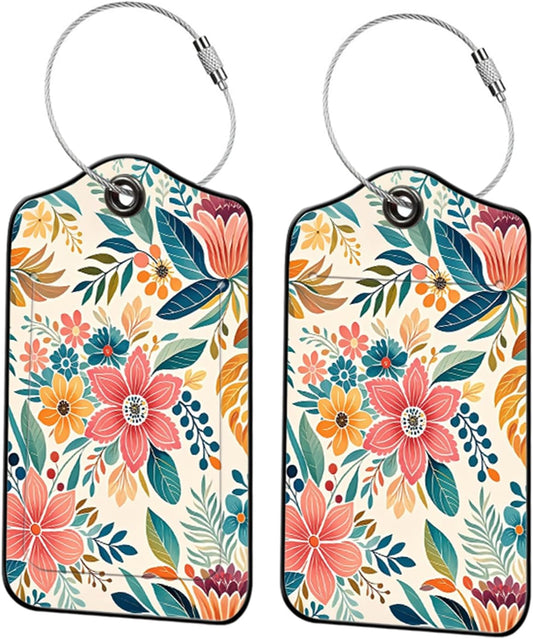 2 Pack Flowers Leather Luggage Tags for Suitcases, Travel Bag Tags with Privacy Cover ID Label with Stainless Steel Loop for Women Men Girls Backpack Gift (Red)