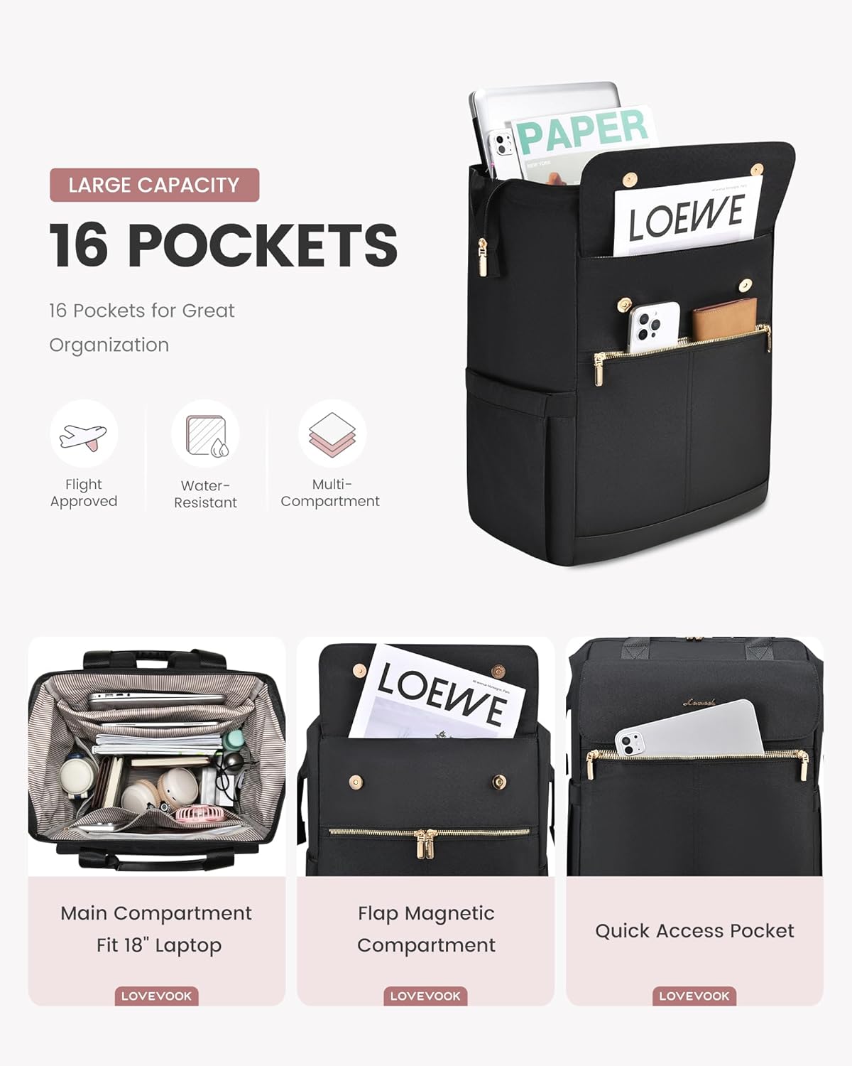 LOVEVOOK 18 Inch Laptop Backpack for Women, Large Capacity Travel Backpack with Organizer Bag, Waterproof Carry on Backpack Purse Work Bag with USB Port for College Teacher Nurse, 2PCS