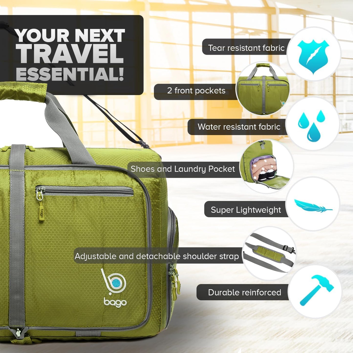 Bago Foldable Duffel Bags for Traveling Women & Men - 40L Sports Packable Duffle Bag for Travel with Shoe Compartment - Water Repellant, Heavy Duty, Lightweight Folding & Collapsible (Green)
