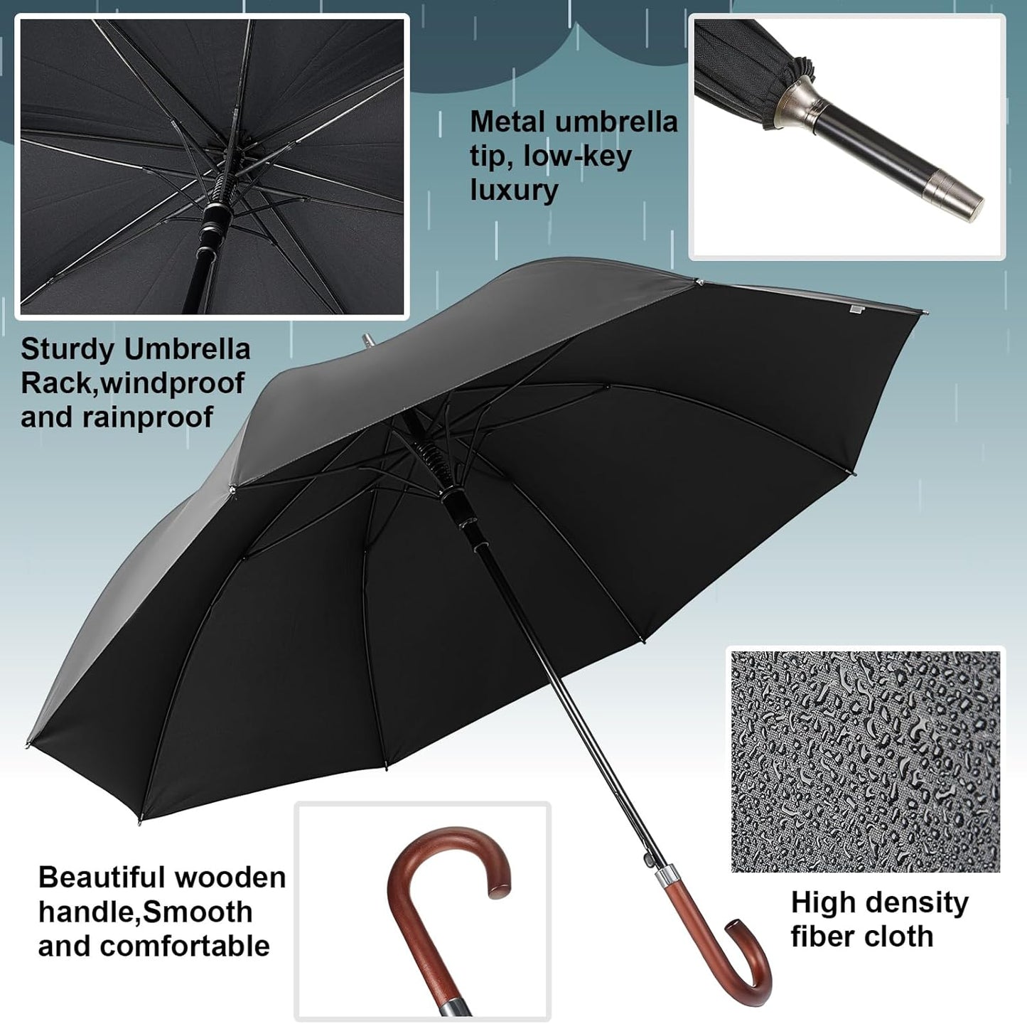 Silkfly 48 Inch Auto Open Umbrella Wooden J Stick Vintage Handle Windproof Unbreakable Wedding Fast Drying Rain Umbrella