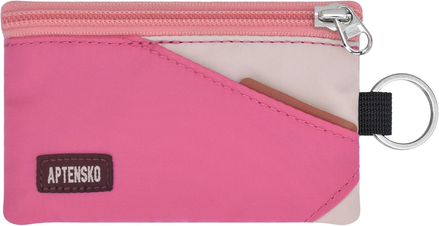 RFID Travel Wallet with Adjustable Lanyard-Zipper Small Wallet with ID Card Holder, Keychain for women&men-Minimalist Slim Waterproof Nylon case for ID, Cash, Key (Pink+Almond)