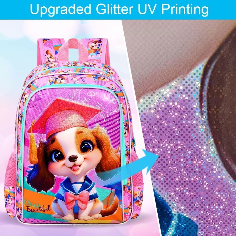 3PCS Girls Dog Backpack, 16" Kids Bookbag with Lunch Box, Kids Water Resistant Elementary Preschool Toddler School Bag - Pink Dr. Dog