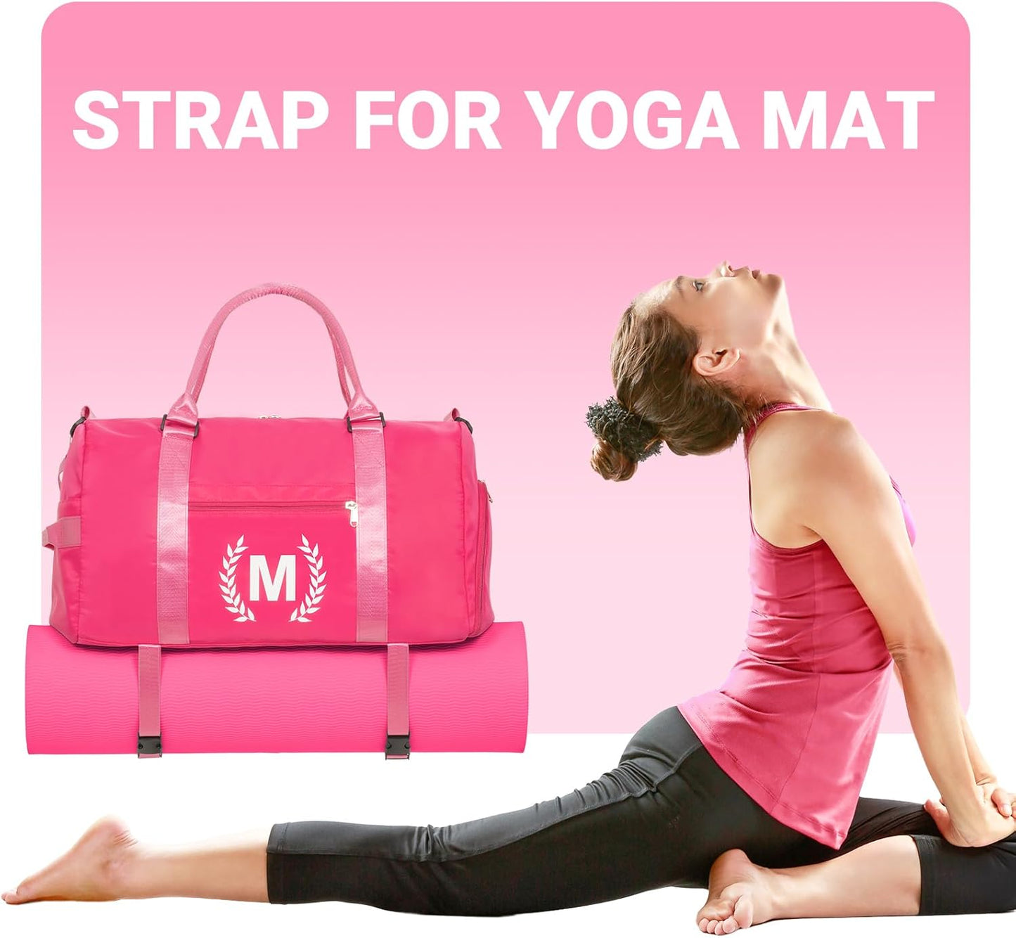 Gym Bag for Women, Personalized Duffle Bag with Shoe Compartment, Sports Bag for Yoga & Dance with Wet Pocket and Mat Strap(HotPink,D)