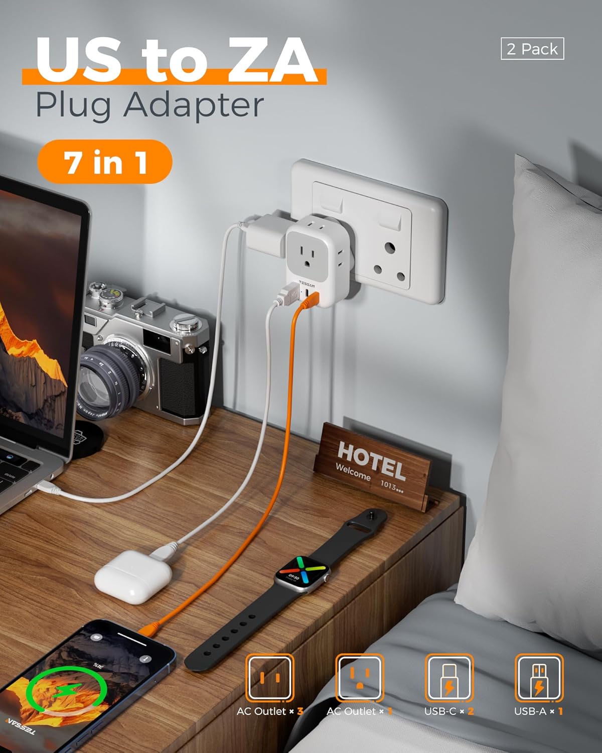 South Africa Plug Adapter 2 Pack, TESSAN Type M Adapter for South Africa with 4 Outlets 3 USB (2 USB-C), Type M Adaptor for US to Namibia Botswana India Nepal Mozambique Sri Lanka