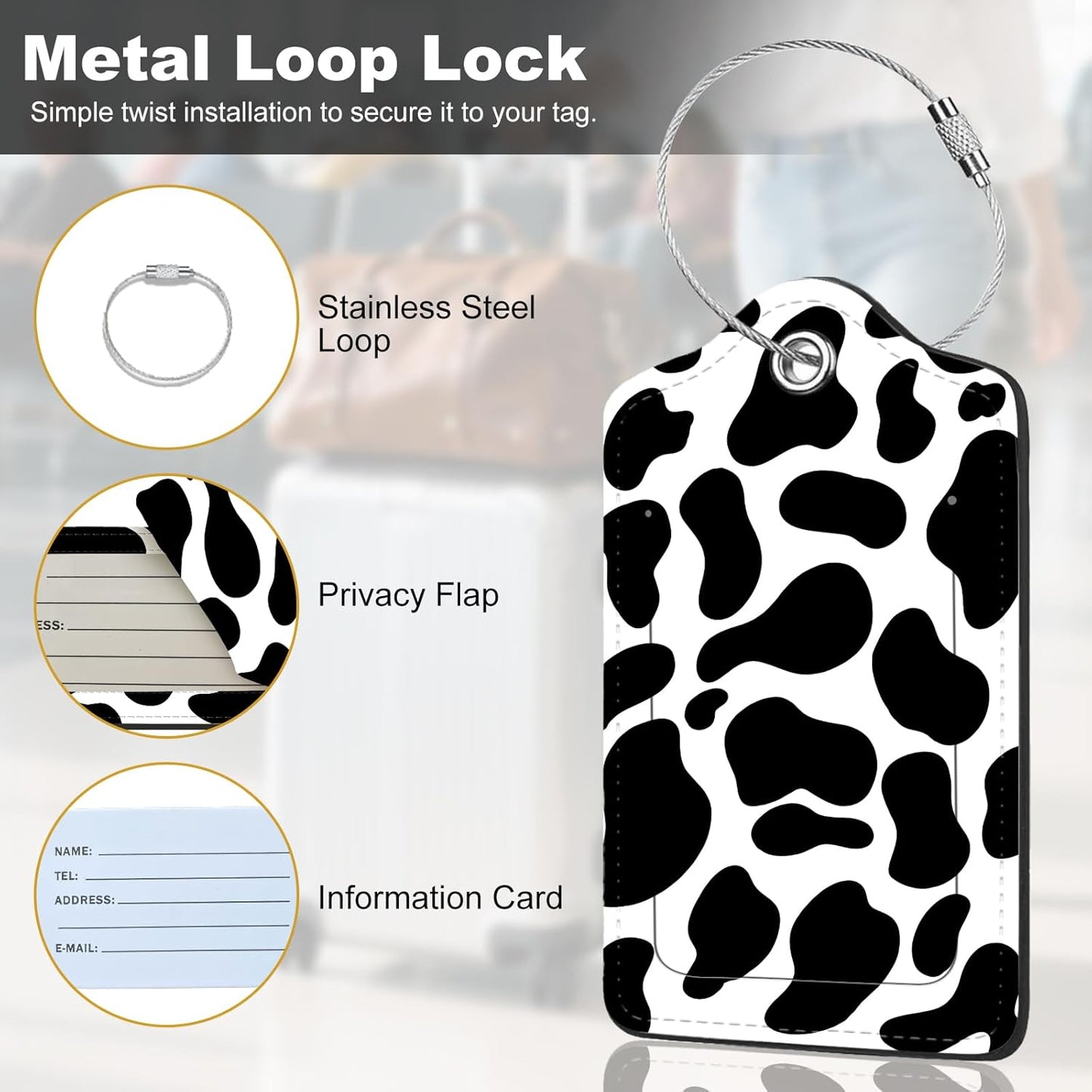 2Pack Luggage Tags for Suitcases, Cute Unique Pu Leather Cruise Luggage Tag with Privacy Cover ID Label Address Card and Metal Ring Suitable for Women Men Kids Travel Bag Cow Texture1