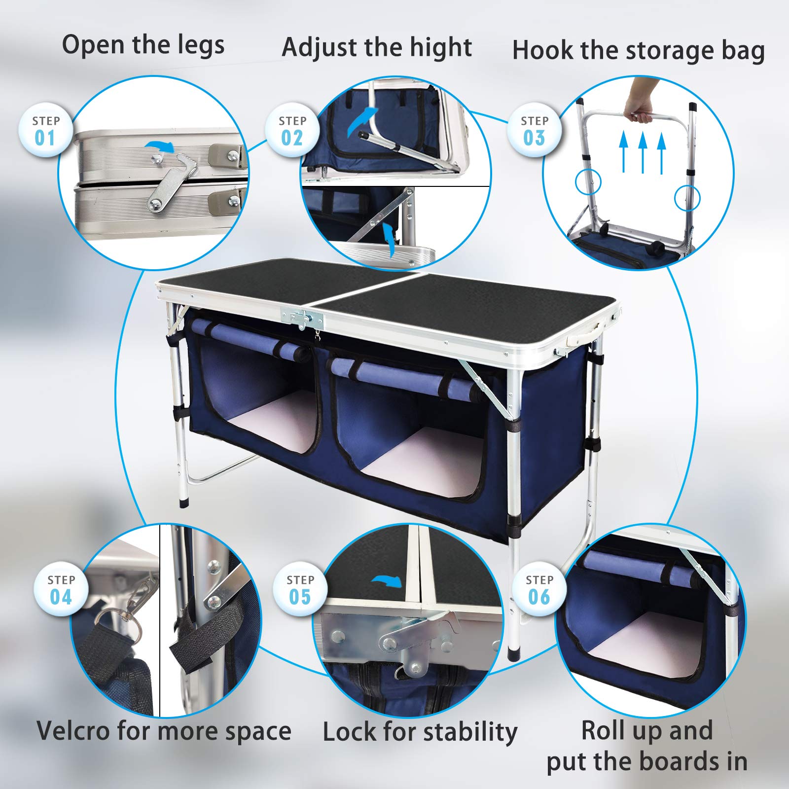 CampLand Outdoor Folding CampingTable with Aluminum Lightweight Height Adjustable with Storage