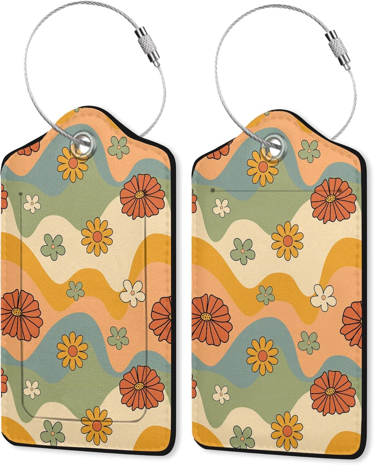 2 Pack Leather Luggage Tag for Suitcase Groovy Hippie Flower Retro Boho Dasiy Unique Travel Tags with Privacy Cover ID Label & Stainless Steel Loop for Men and Women Baggage