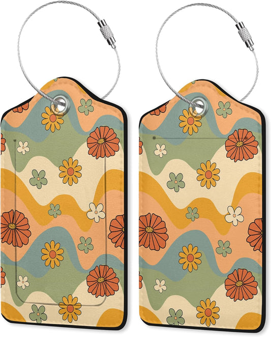 2 Pack Leather Luggage Tag for Suitcase Groovy Hippie Flower Retro Boho Dasiy Unique Travel Tags with Privacy Cover ID Label & Stainless Steel Loop for Men and Women Baggage