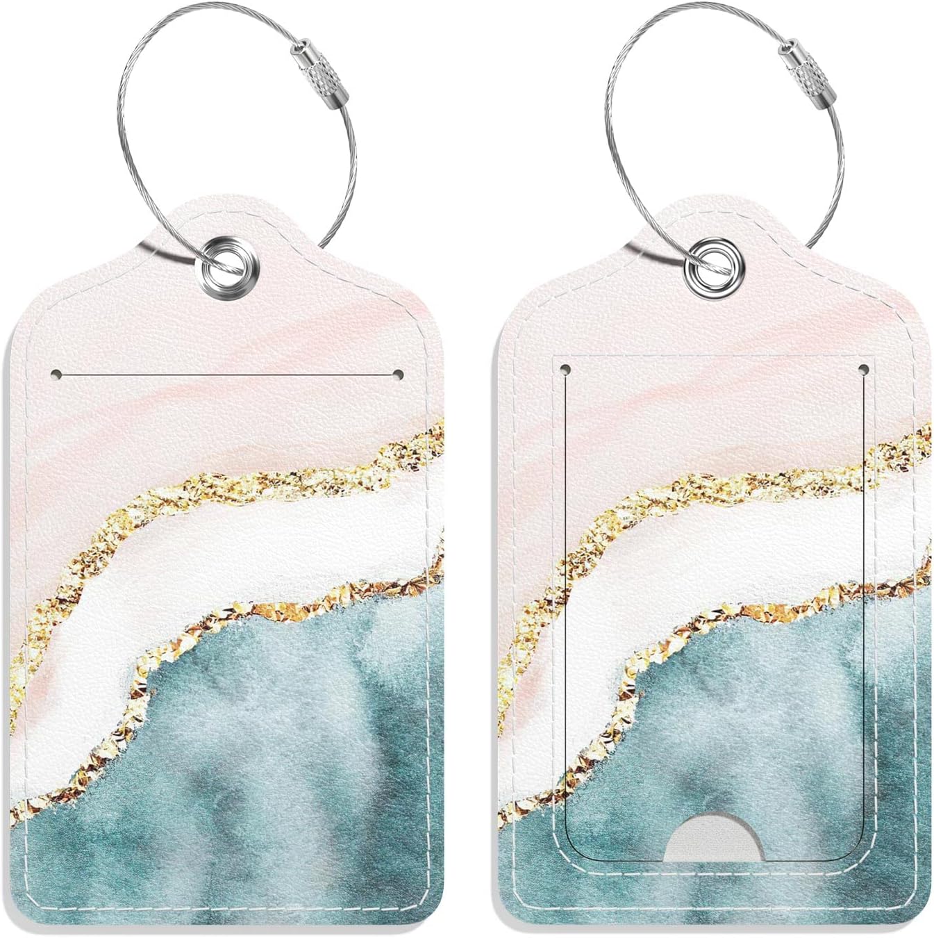 Luggage Tags for Suitcase, 2 Pack PU Leather Travel Cruise Luggage Tag with Privacy Flap, Name ID Label and Metal Loop for Women Men Girls Suitcase Baggage Bag Backpack Instrument, Pink Beach