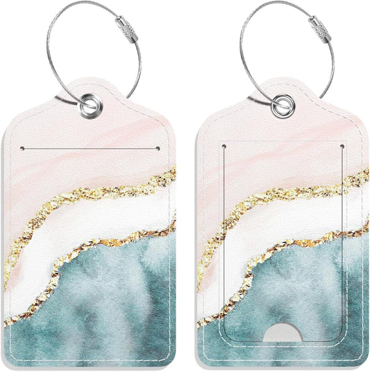 Luggage Tags for Suitcase, 2 Pack PU Leather Travel Cruise Luggage Tag with Privacy Flap, Name ID Label and Metal Loop for Women Men Girls Suitcase Baggage Bag Backpack Instrument, Pink Beach