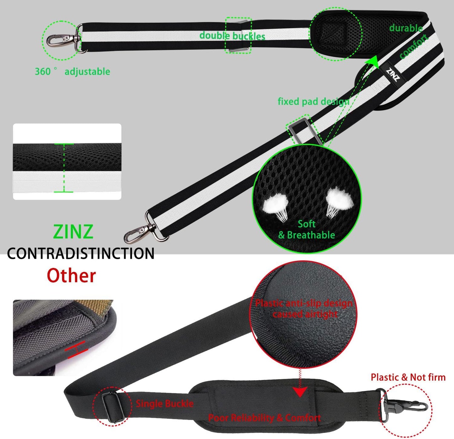 ZINZ 79 inch Shoulder Strap, Extra-thick Fixed Cushion Pad and Dual Clasps Universal Replacement Strap with Metal Swivel Hooks for Laptop Bags, Luggage Bags, Camera, Crossbody(Stripes-BkWBk)