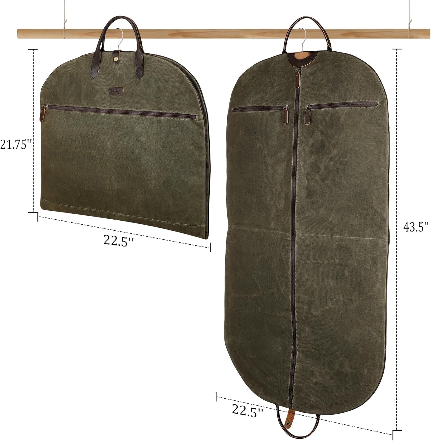 Polare 43” Waxed Canvas Full Grain Leather Trim Carry On Garment Bag for Travel, Waterproof Dust-Proof Foldable Hanging Suitcase Weekender Garment Cover with YKK Zipper (Army Green)