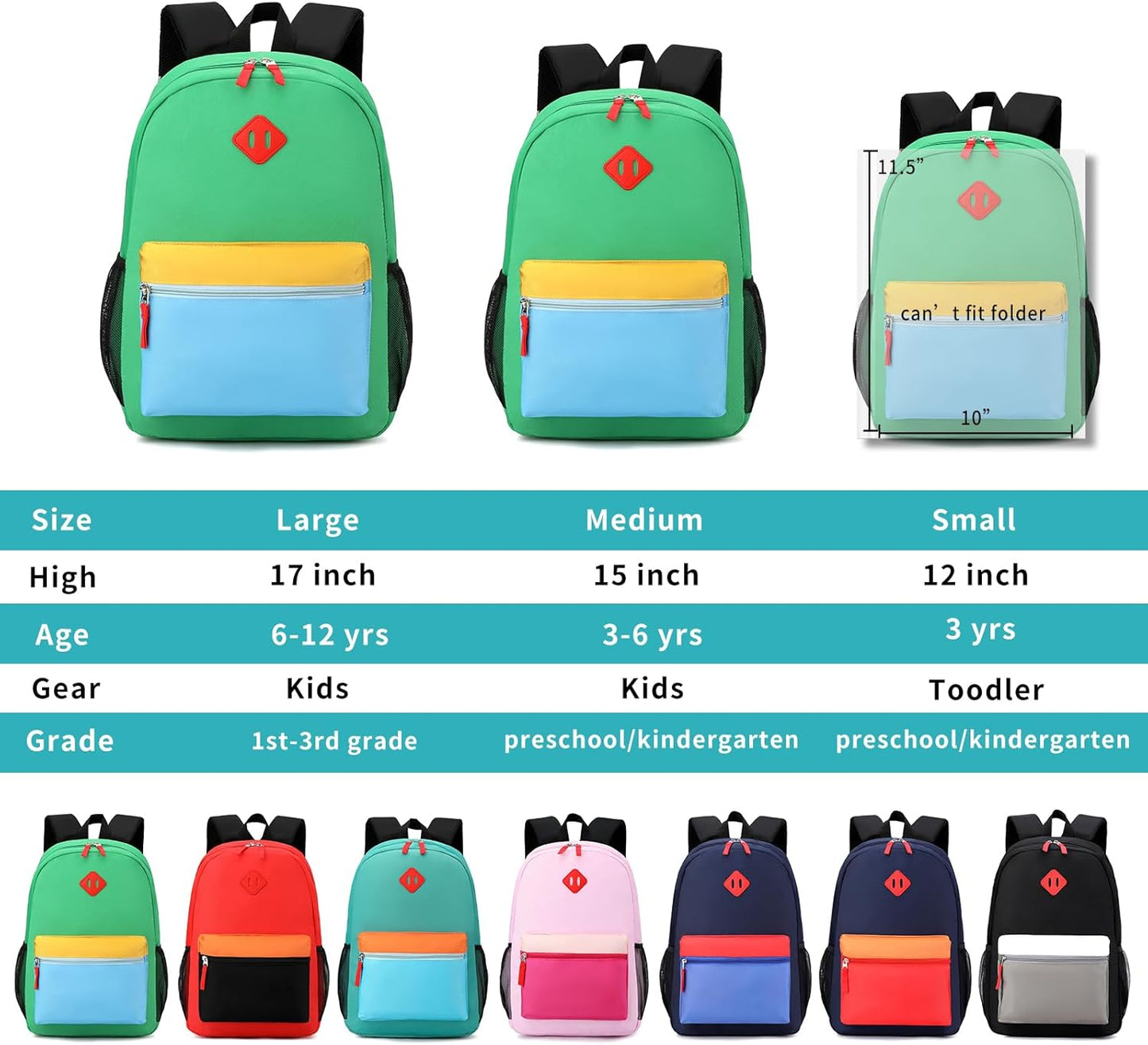 Toddler Backpack, Preschool Backpack for Kids Boys and Girls Kindergarten Preschool Bookbag with Chest Buckle 3-6 Years(Green Blue, Medium-15inch)