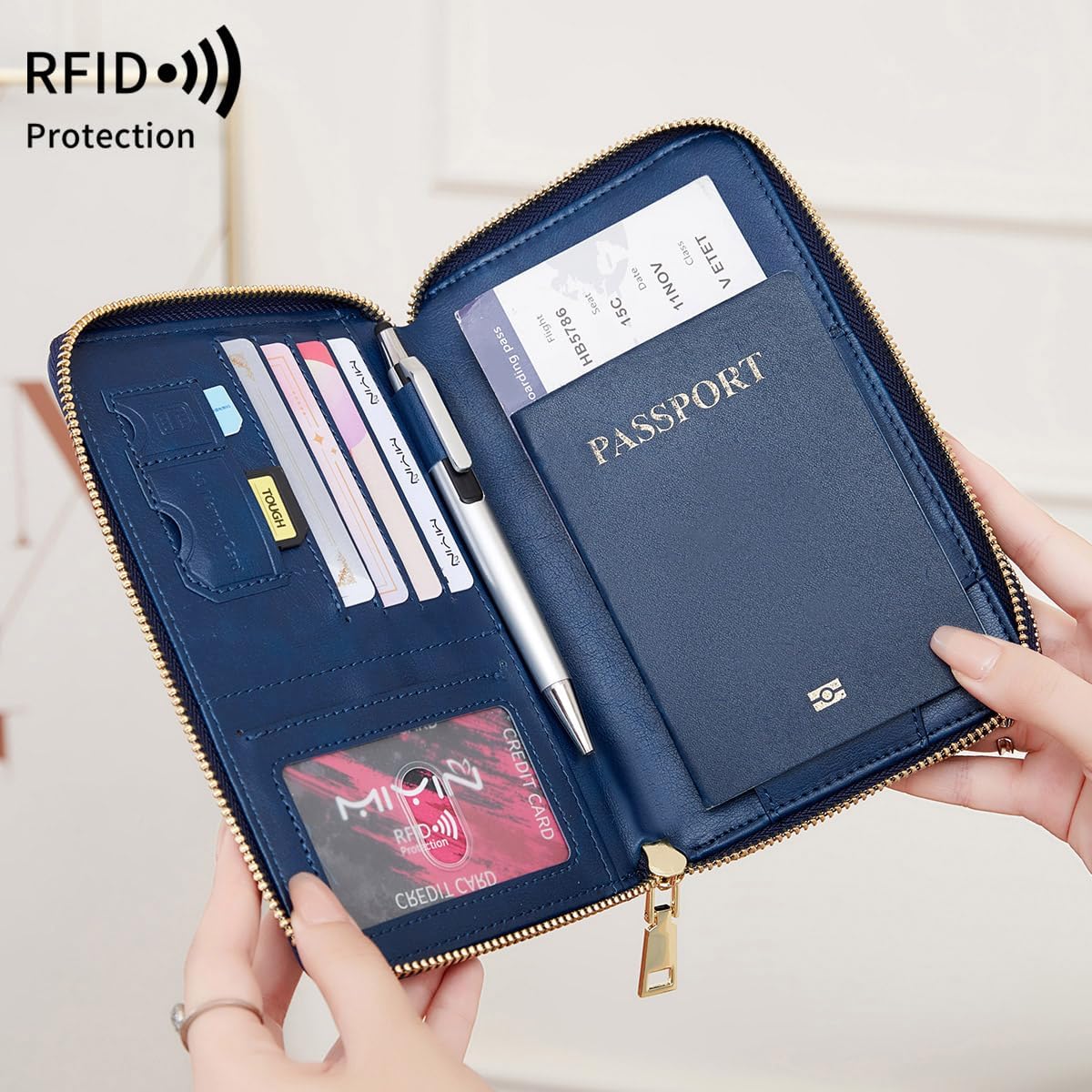 US-B Passport Wallet, RFID Blocking Passport Holder Large Capacity, Lightweight PU Document Organizer for Women (Royal Blue)