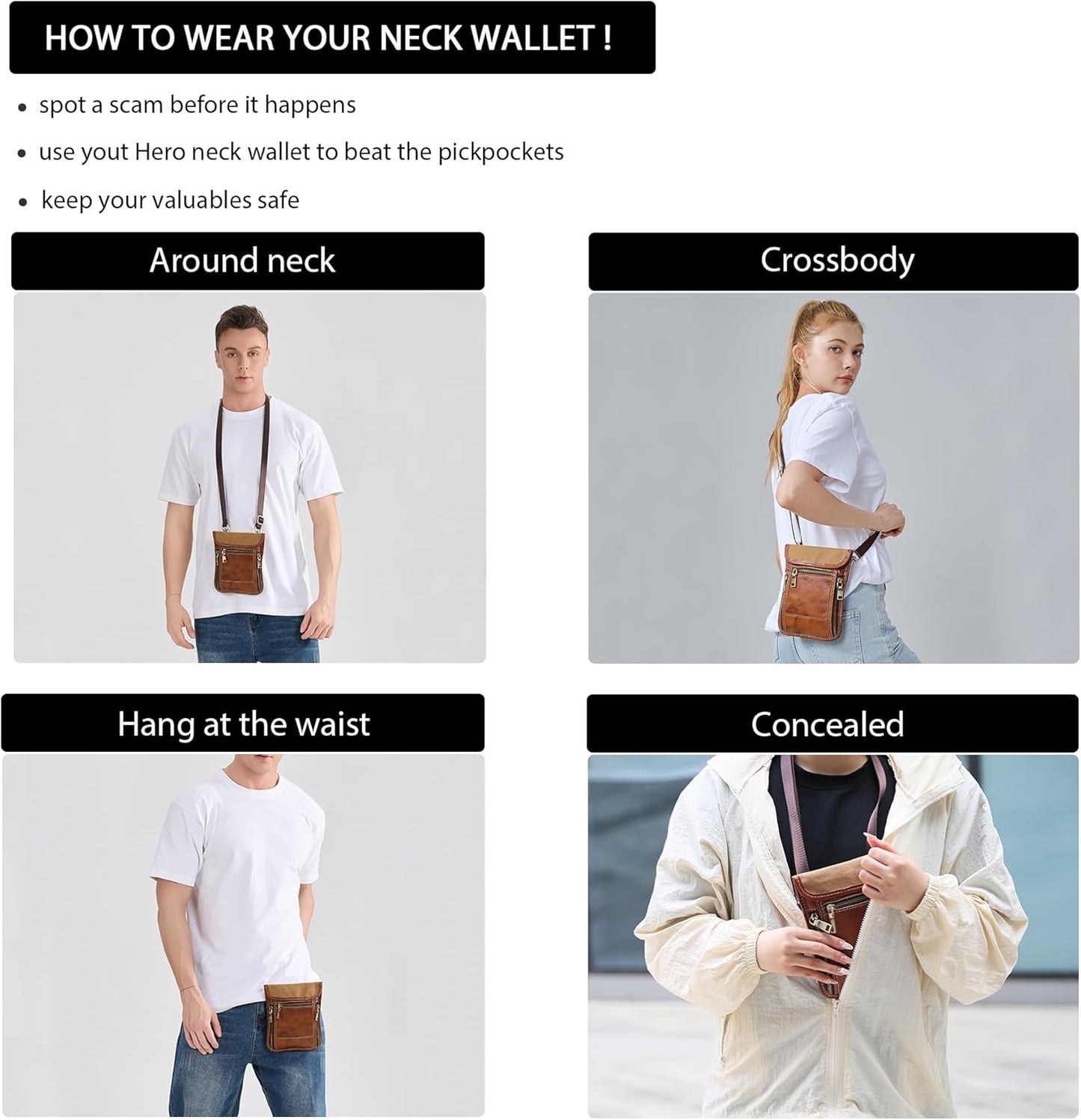 LANNSYNE Full Grain Leather Travel Wallet, Leather Cell Phone Belt Bag, Waist Pack Pouch, Neck Wallet Travel Pouch and Passport Holder for Men and Women Keep Valuables Safe