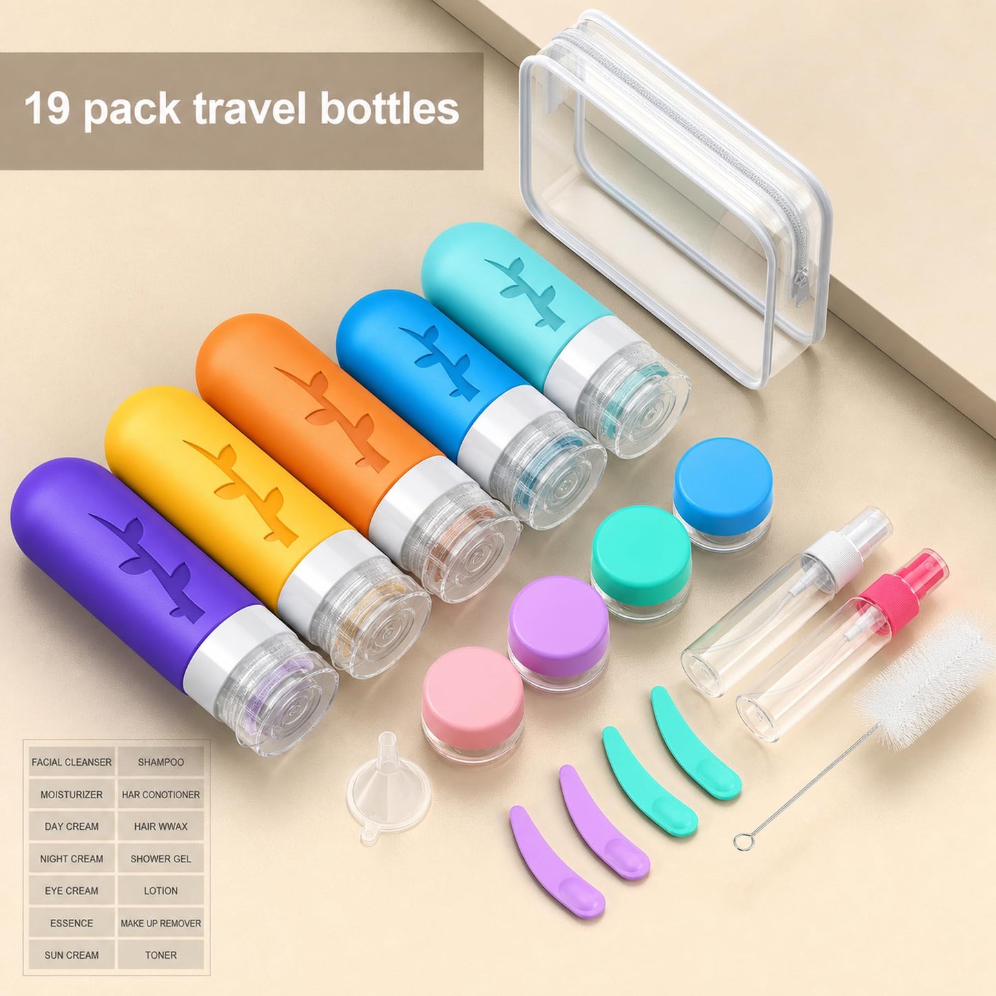 Aeomni 19pack TSA Approved Travel Bottles for Toiletries - Silicone travel size Containers, Leak