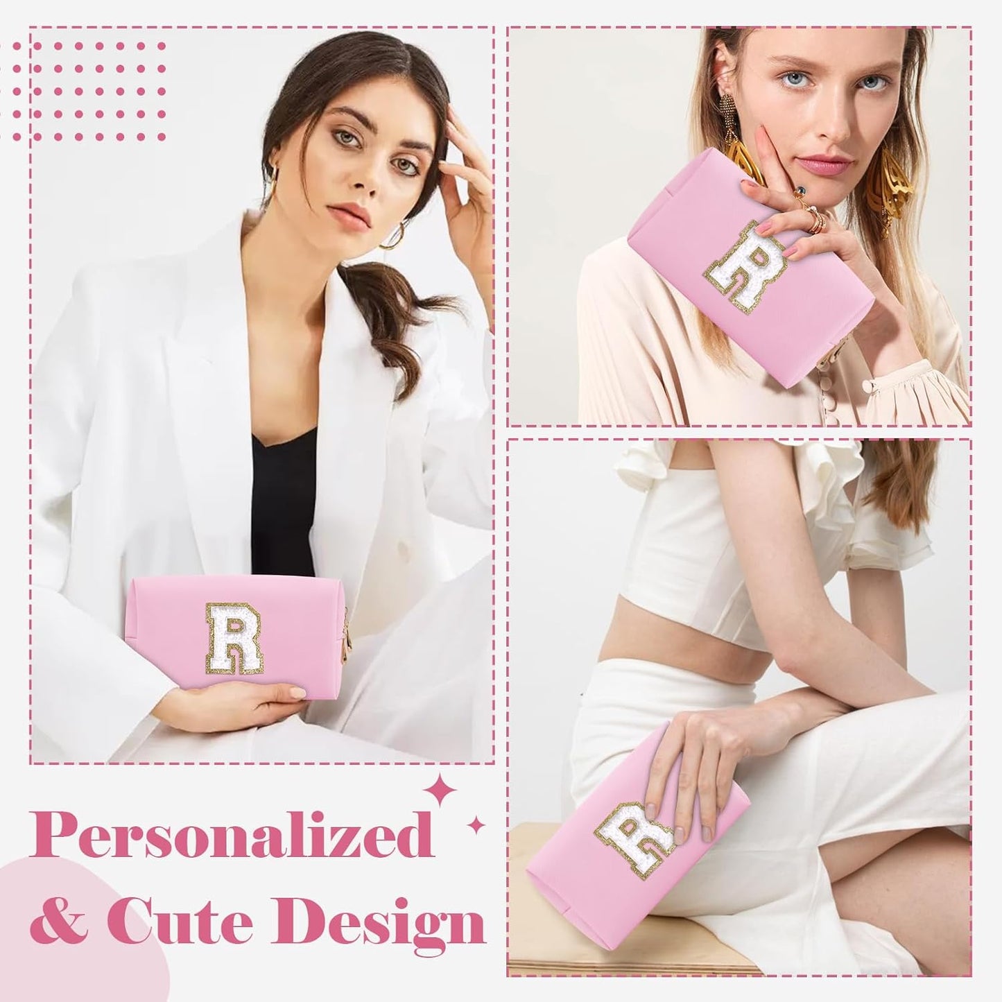 Personalized Initial A-Z Preppy Patch Makeup Bag,Small PU Chenille Letter Cosmetic Bag with Zipper