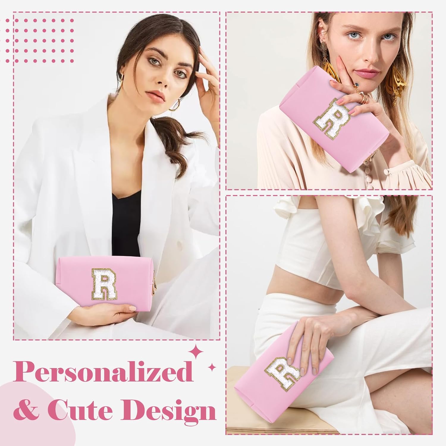 Personalized Initial A-Z Preppy Patch Makeup Bag,Small PU Chenille Letter Cosmetic Bag with Zipper