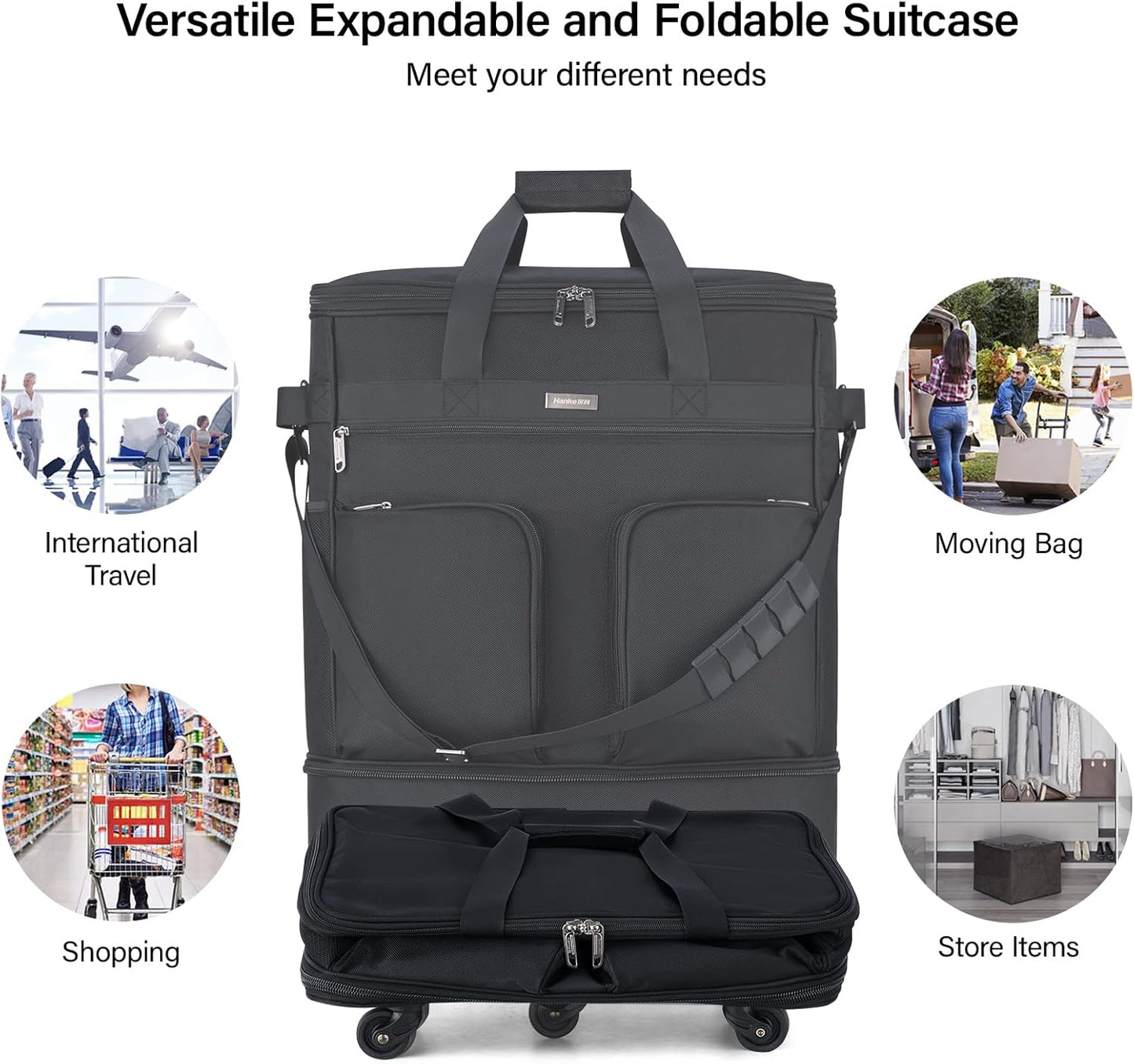 Hanke Expandable Collapsible Luggage with Wheels, Black Upgrade Version 2, 98L, Water-Resistant, 5 Spinner Wheels, 3 Pockets, Polyester, 19x13x27.2 inches, 6.1lb, Carry-On Luggage, Travel, Vacation