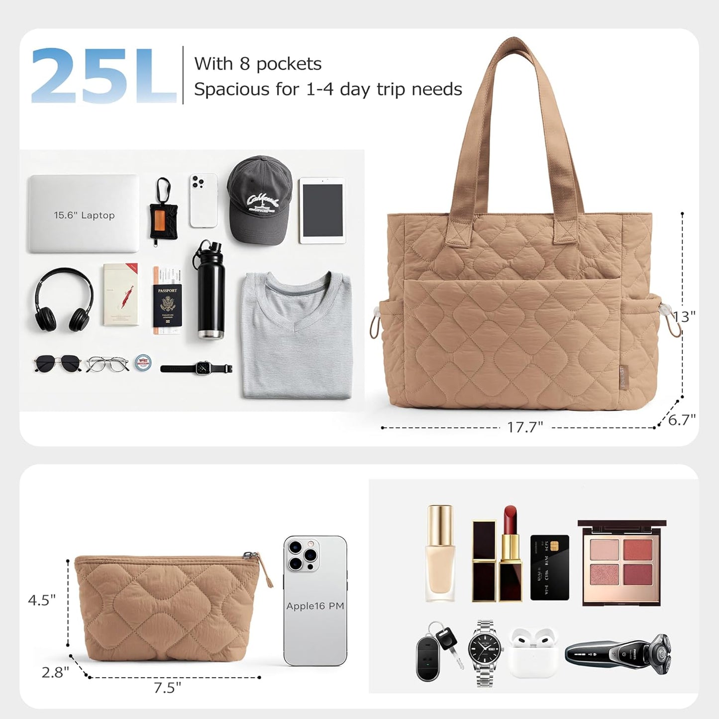 TOPEAST Tote Bag for Women Puffy Tote Travel Bag, Light 15.6" Laptop Work Handbag, Quilted Shoulder Bag Purse for Student Gym