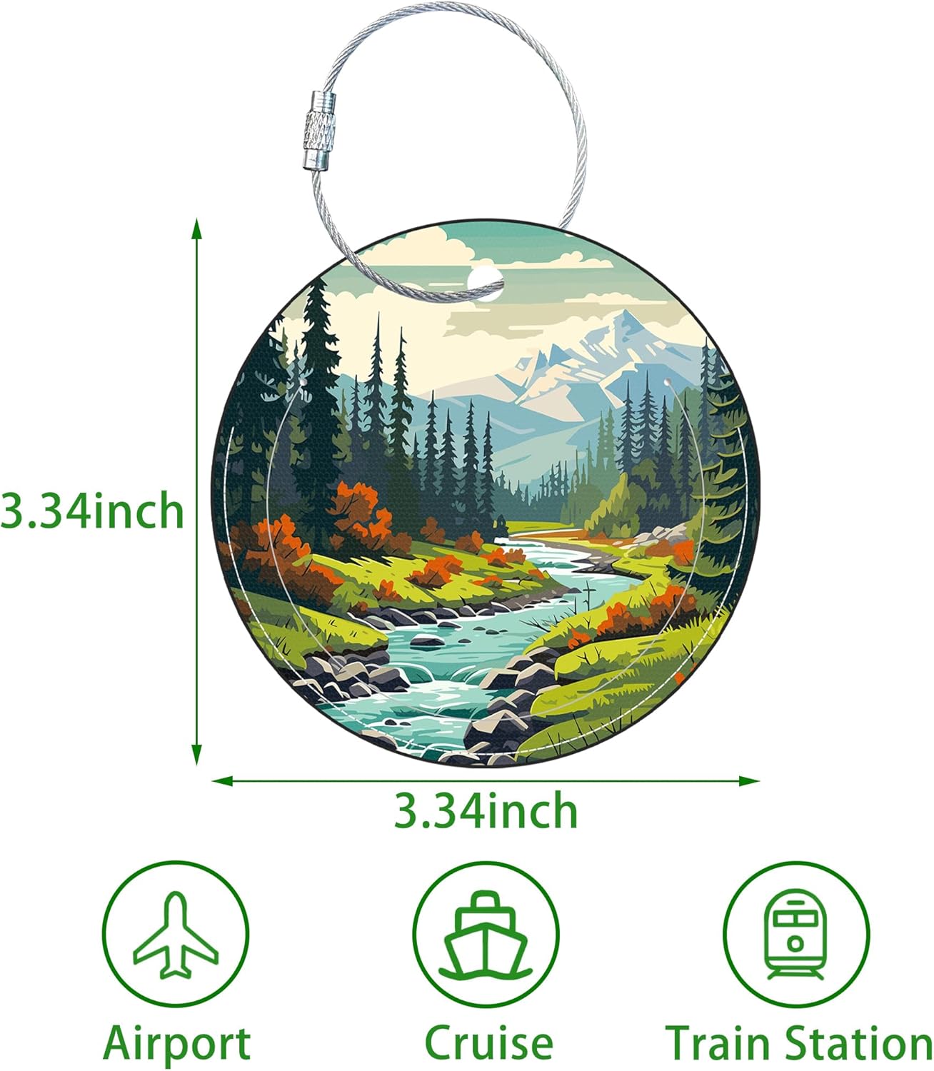 Round Cute Luggage Tags 2 Pack Mountain and River Creative Baggage Tags,Cruise Travel Baggage Suitcases Tag with Stainless Steel Loop ID Tag Privacy Flap