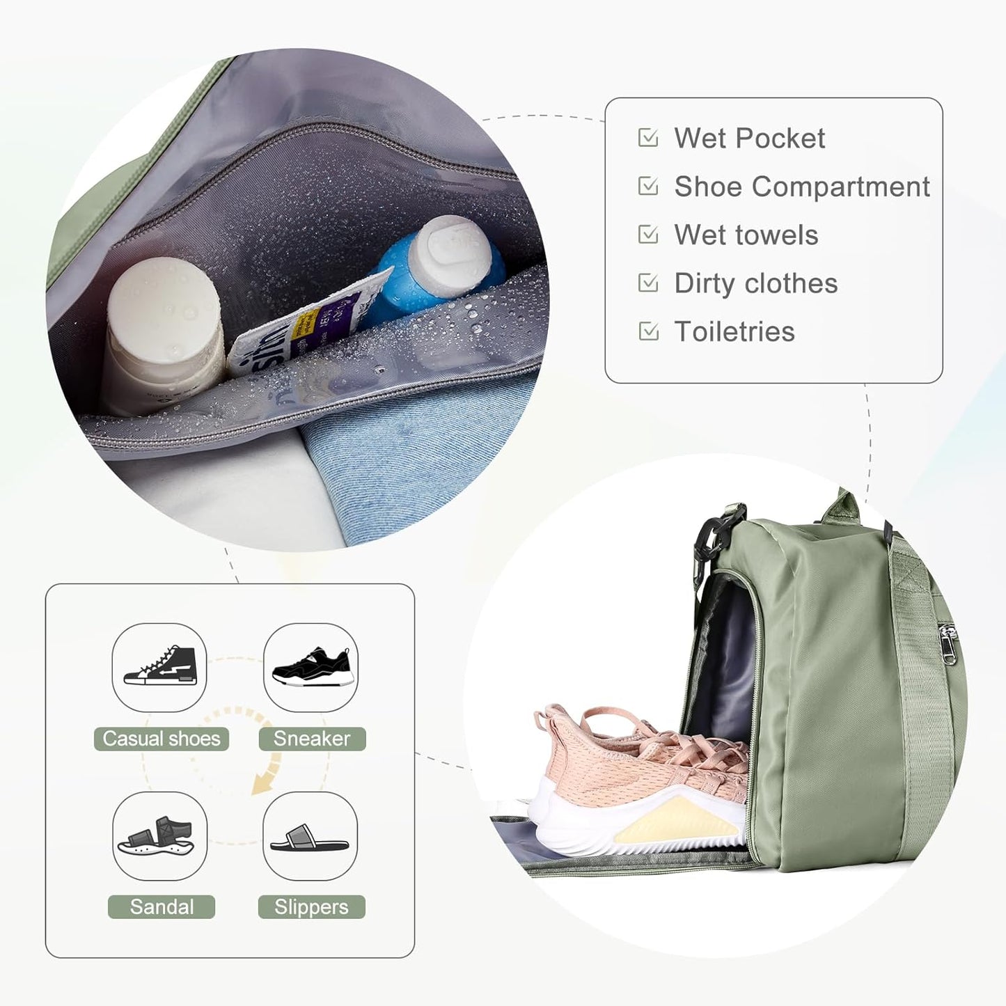 Gym Bag for Women with Shoes Compartment,Small Duffel Bag Sport bag with Toiletry Bag Overnight Travel Tote Bags Weekender Carry on Bag Personal Item Bags for Airlines Grey Green
