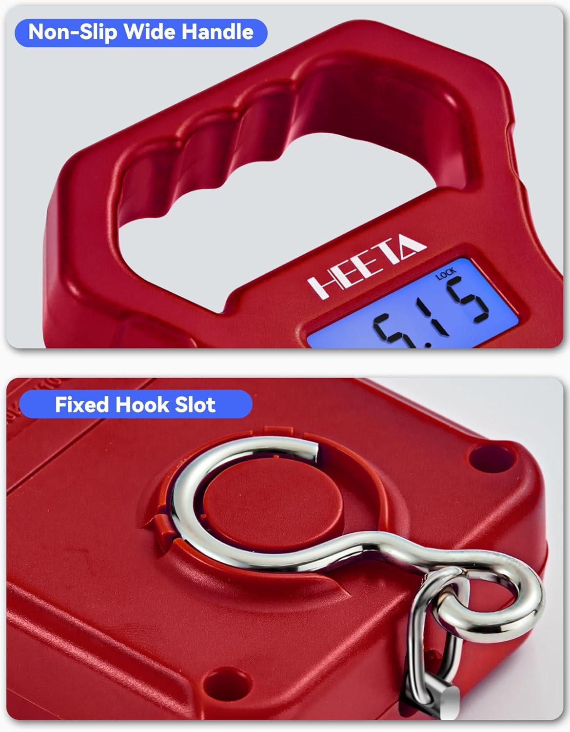 HEETA Fish Scale, 110lb/50kg Digital Portable Hanging Fishing Weight Scale with Backlit LCD Display, Luggage Scale with Hook, Non-Slip Large ABS Handle & 2 AAA Batteries, Fishing Gifts Gear for Men