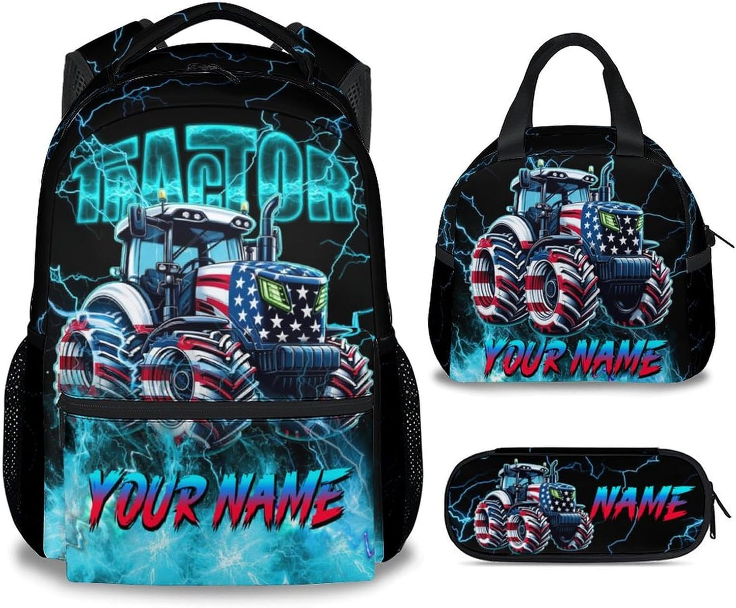 Personalized Backpack Set for Boys, Tractor Backpack for Kids Ages 6-8, Back to School Gifts, 17 Inch Custom Name Bookbag with Lunch Box and Pencil Case