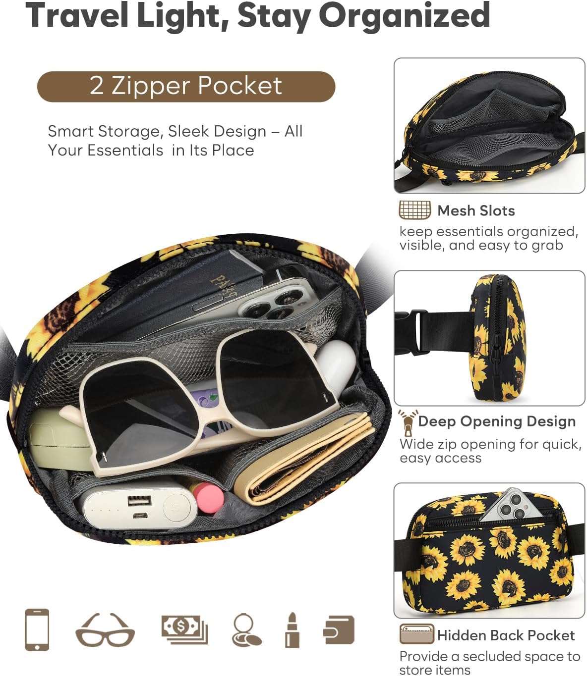 Fanny Packs for Women Cross Body Bag Waterproof Belt Bag with Adjustable Strap and Zipper Back Pocket Small Crossbody Bags Fashion Waist Packs for Workout Travelling(Sunflower)