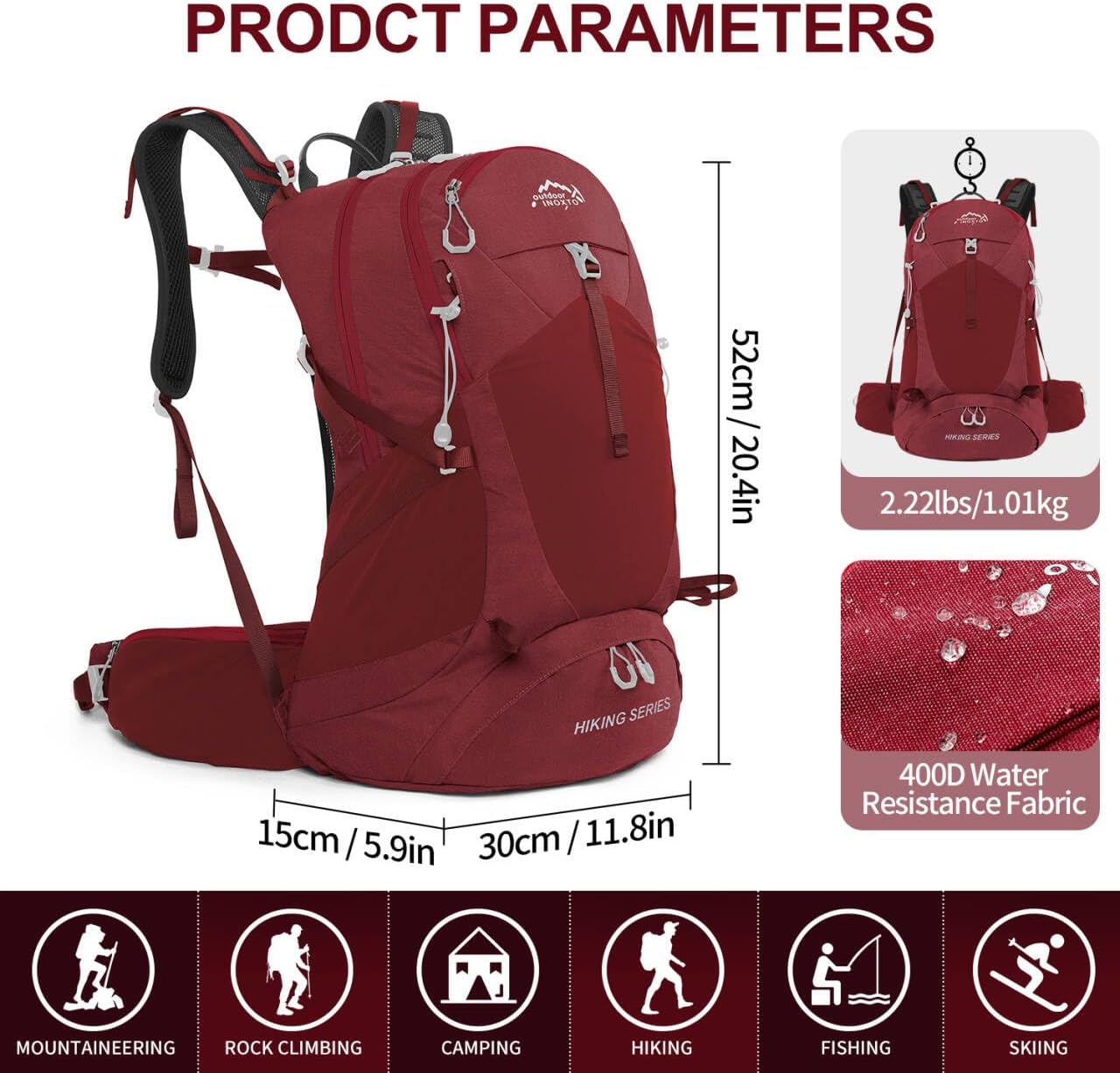 Hiking Backpack, Waterproof Hiking Daypack with 3L Water Bladder and Rain Cover, Lightweight Travel Camping Backpack for Men Women (Red)