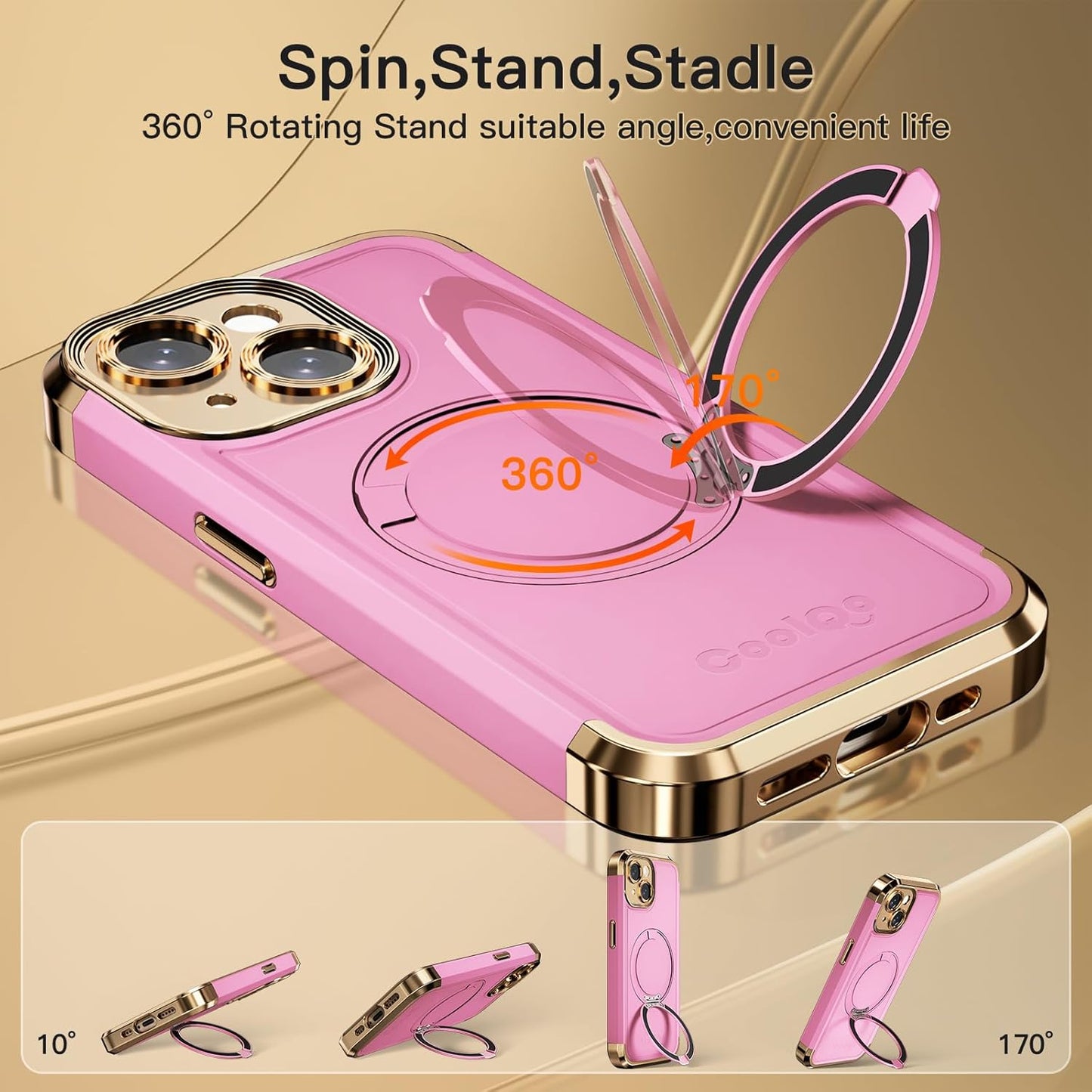 COOLQO for iPhone 13 Case 6.1'' Upgraded 360° Spin Magnetic Stand [Compatible with Magsafe][Military Protection] Plating Matte Scratch-Resistant Back Protective Shockproof Phone Case, Pink Gold
