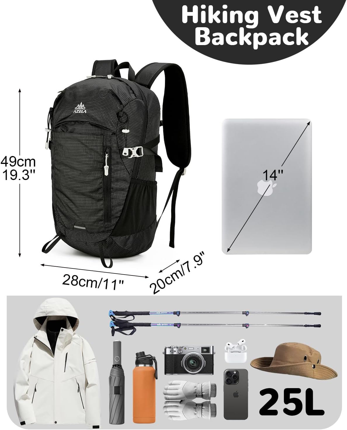 25L Small Nylon Waterproof Hiking Backpack with Phone Pouch for Men, Lightweight Hiking Daypack with Breathable EVA Back Support,Black