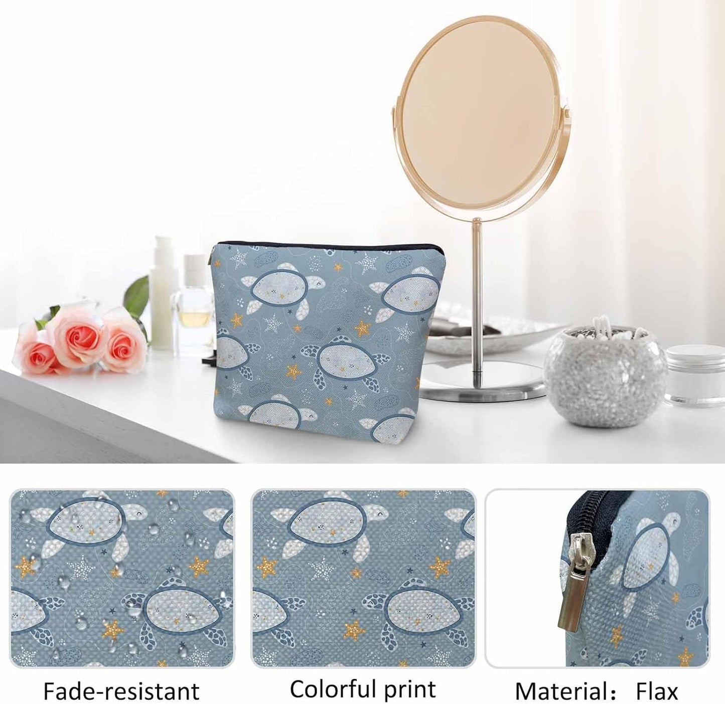 Sea Turtles Makeup Bags Makeup Organizer, Tropical Ocean Sea Turtle Starfish Blue Flax Toiletry