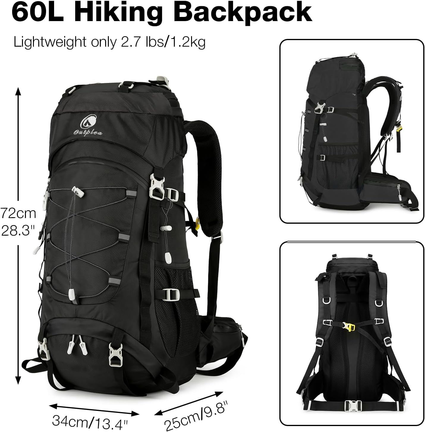 60L Waterproof Backpacking Hiking Backpack with Rain Cover for Men, Large Outdoor Backpack for Camping Trekking Traveling, Black