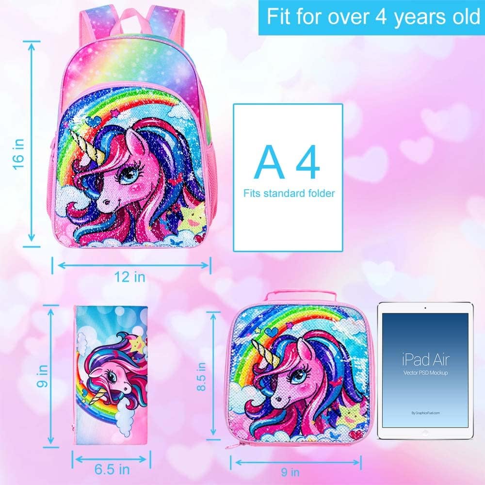 16" Backpack for Girls Boys 4-8, 3Pcs Kids Bookbag Set with Lunch Box, School Bag for Preschool