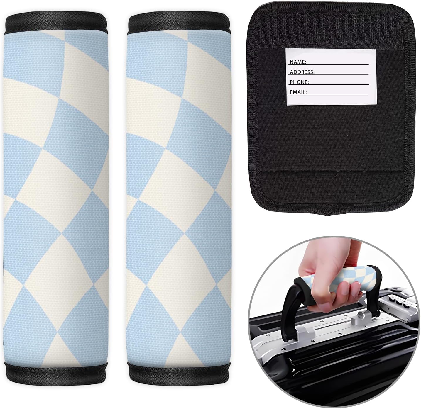 2 Pack Luggage Handle Wrap Travel Tags - Set of Luggage Tags for Suitcases, Identifiers, Marker, and Handle Covers - Cruise Accessories and Travel Gifts（Blue Chessboard