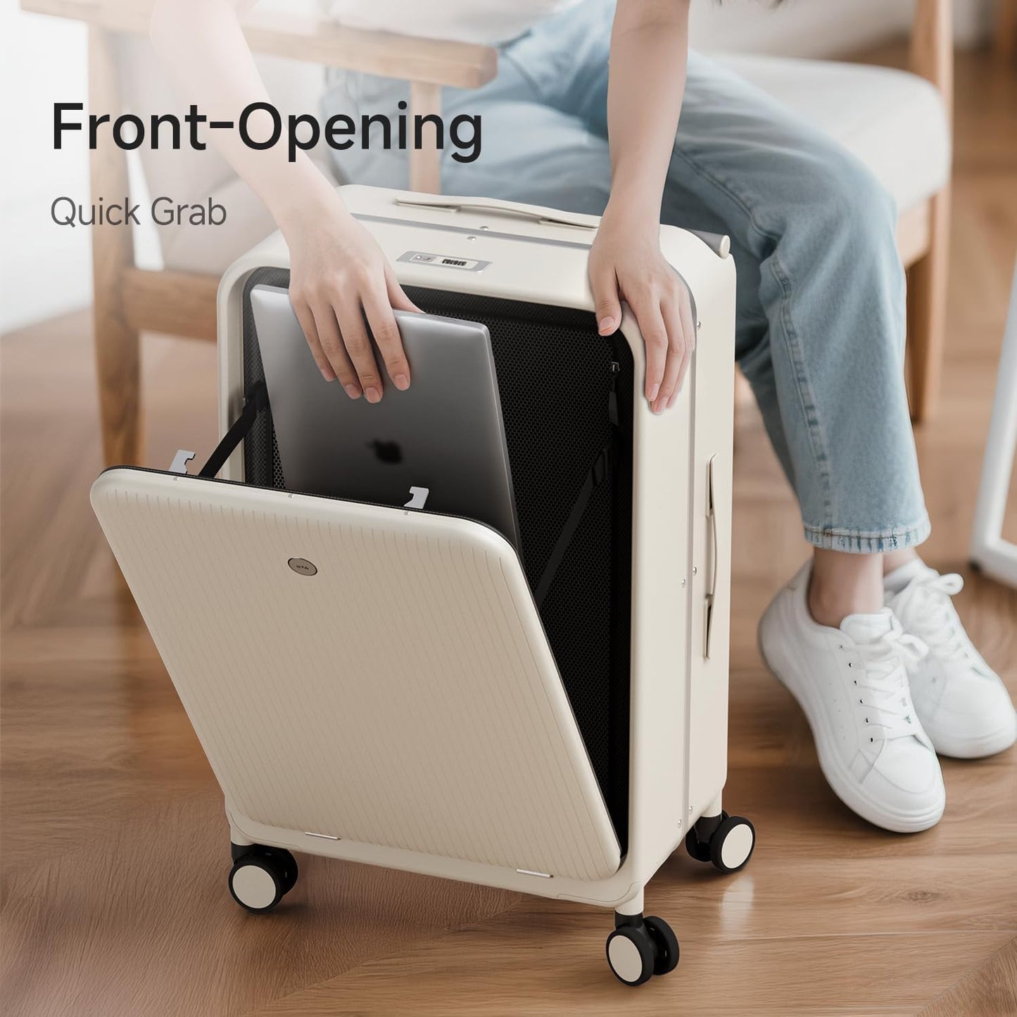 Top Opening 20-inch Carry On Luggage - Zipperless, Aluminum Frame Hard Shell PC Suitcase, Noble TSA Airline Approved Suitcases with Spinner Wheels (Beige)