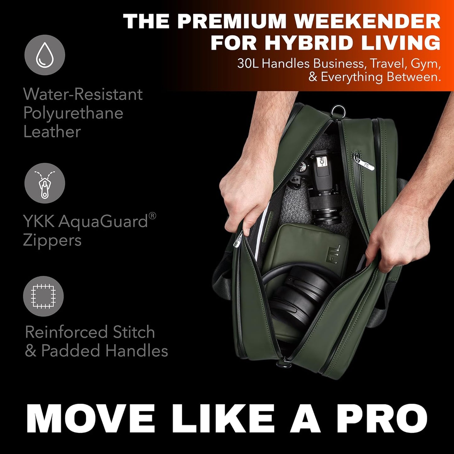 The FTL Pro Mens Travel Bag - 30L Premium Work to Gym Weekender Duffel with Garment Bag, Shoe Space & 18" Laptop Sleeve - Business Carry On Hybrid, Fits Under Airplane Seat - Abbot Green