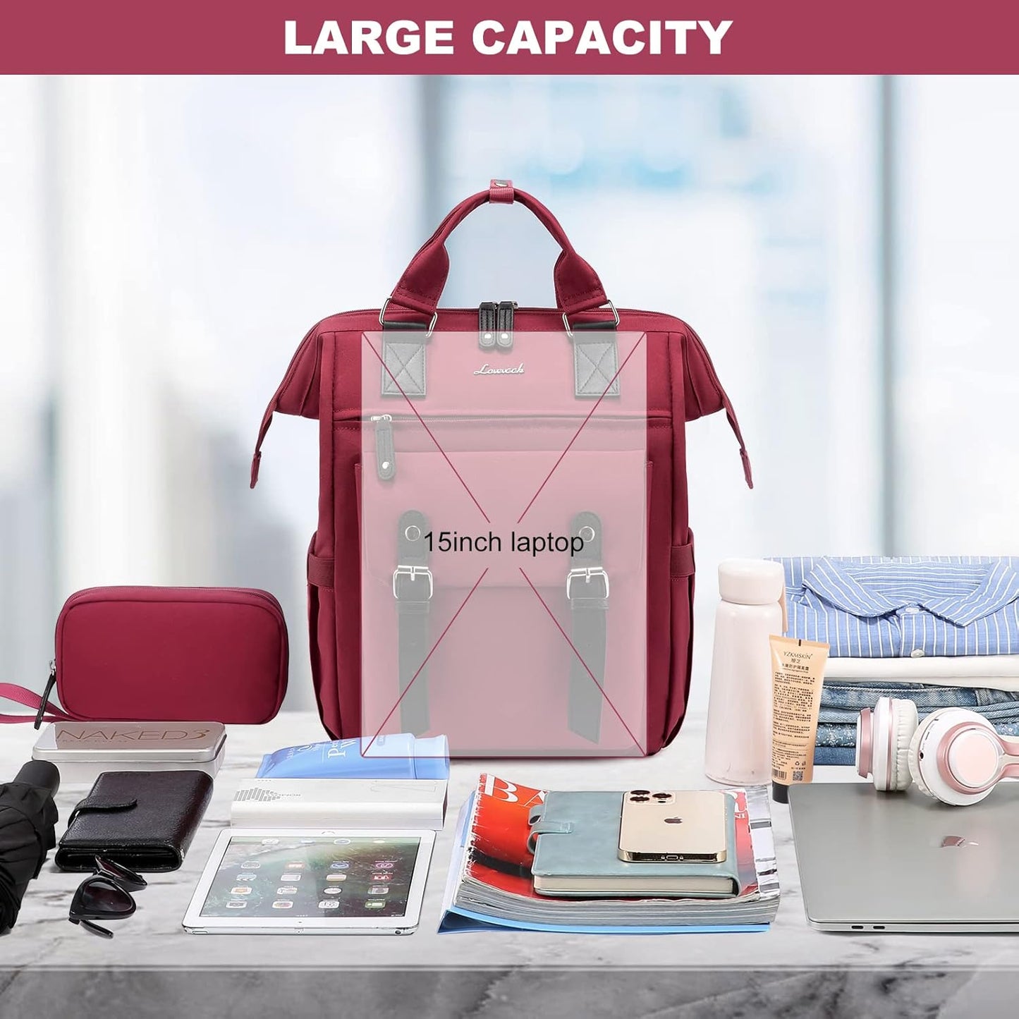 LOVEVOOK Laptop Backpack for Women Work Travel Backpack Teacher Commuter Business Computer Bag Doctor Nurse Bags College Backpack Purse, 15.6 Inch, Wine Red-black