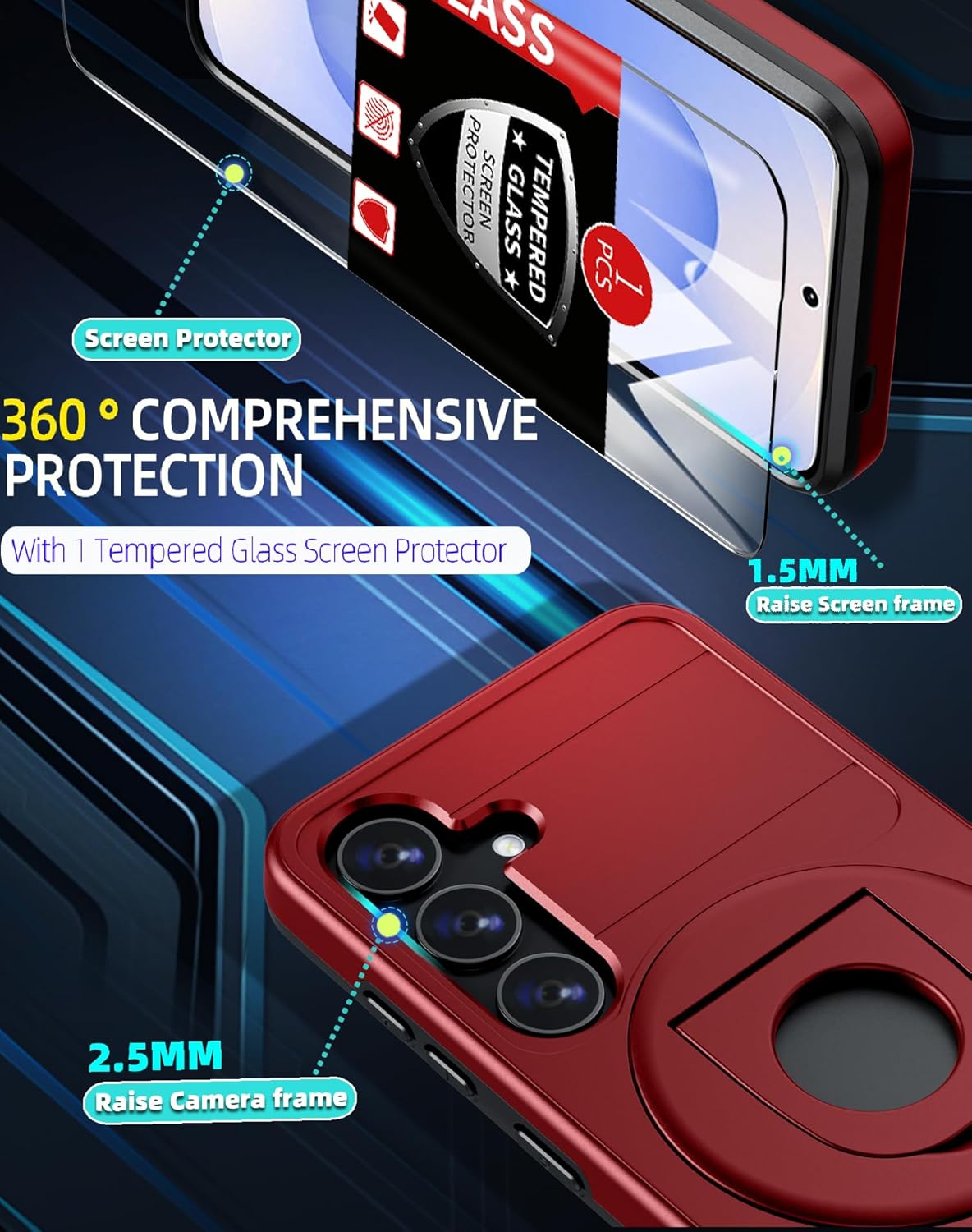for Samsung Galaxy S25 Plus Case Magnetic Compatible with MagSafe Wireless Charging,with Screen Protector,for S25+Plus Case with Stand Ring Anti-Scratch Shockproof Heavy Duty Protection Red