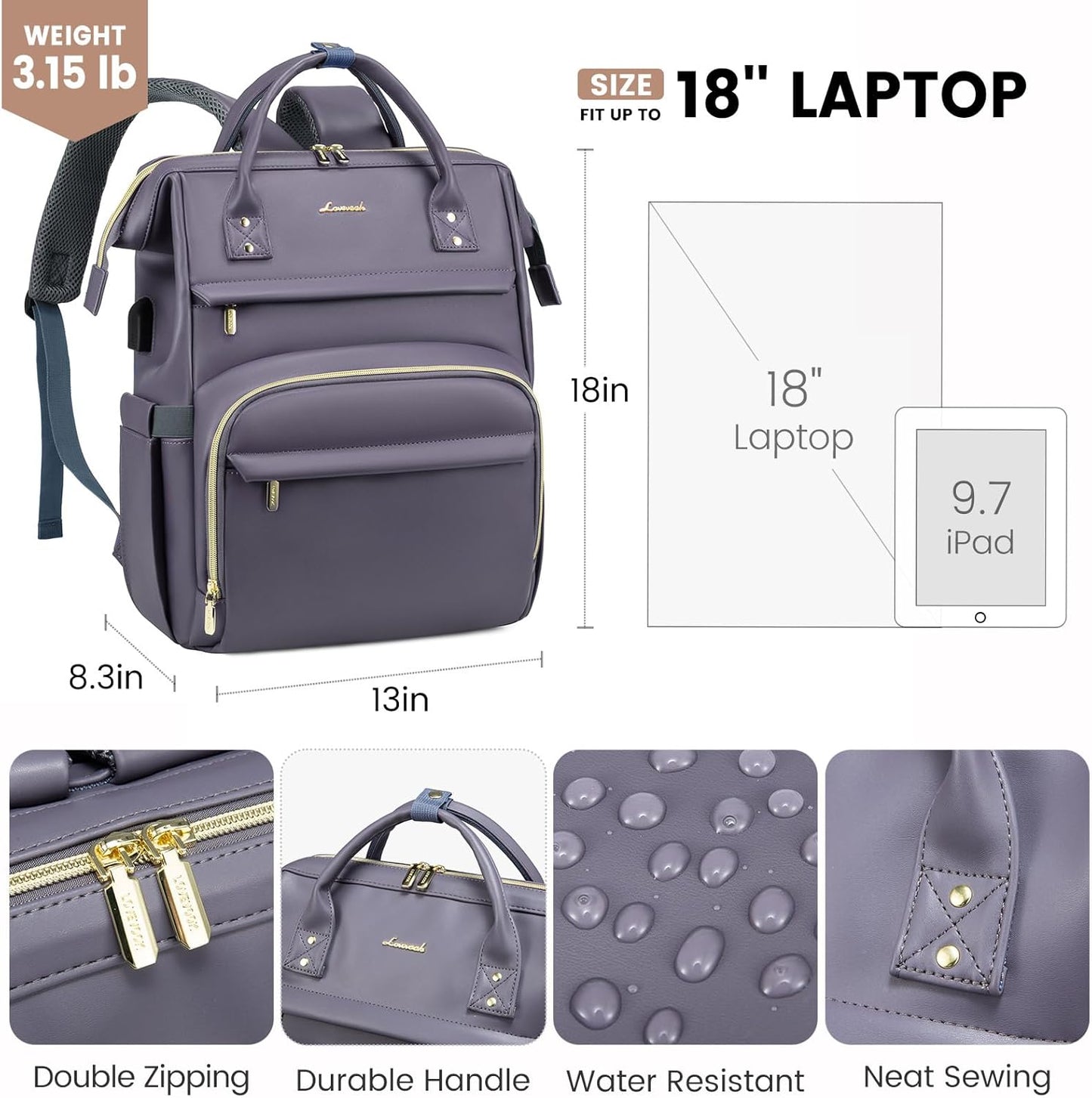 LOVEVOOK Leather Laptop Backpack for Women 18 inch,Travel Backpack Purse Nurse Teacher Backpack Computer Laptop Bag,Professional College Business Work Bags Carry On Backpack with USB Port,Grey Purple