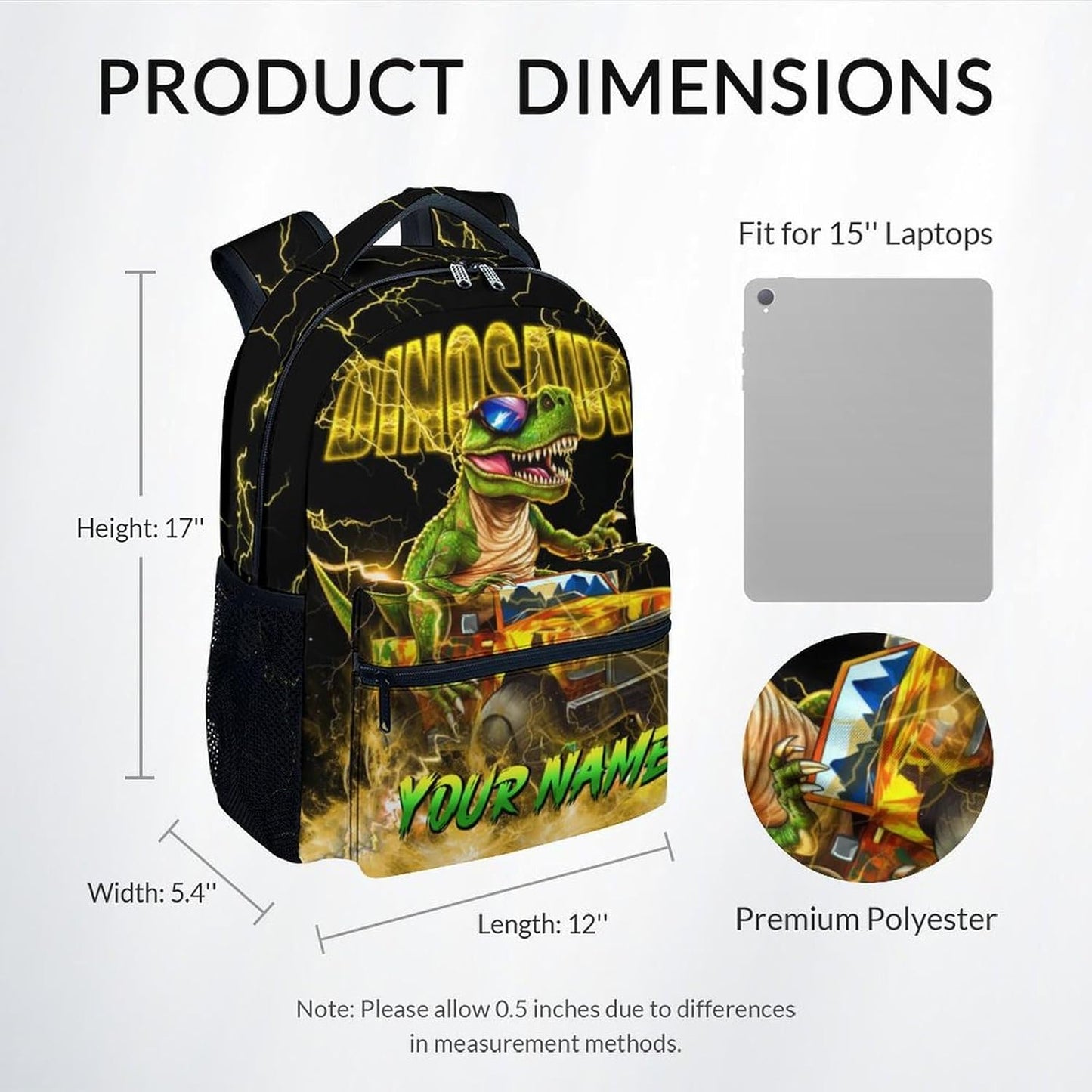 Personalized Backpack, Dinosaur Backpack for Boys, Truck Bookbag Kids School Essentials, 17 Inch Custom Book Bag with Name