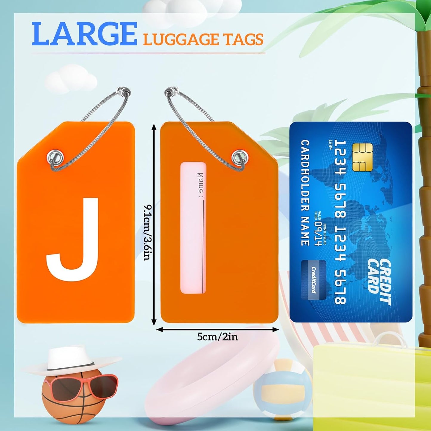 8 Pcs Initial Letter A-Z Luggage Tags Silicone Suitcase Instrument Tag with Name Card and Stainless Steel Loop(Letter J,Orange)