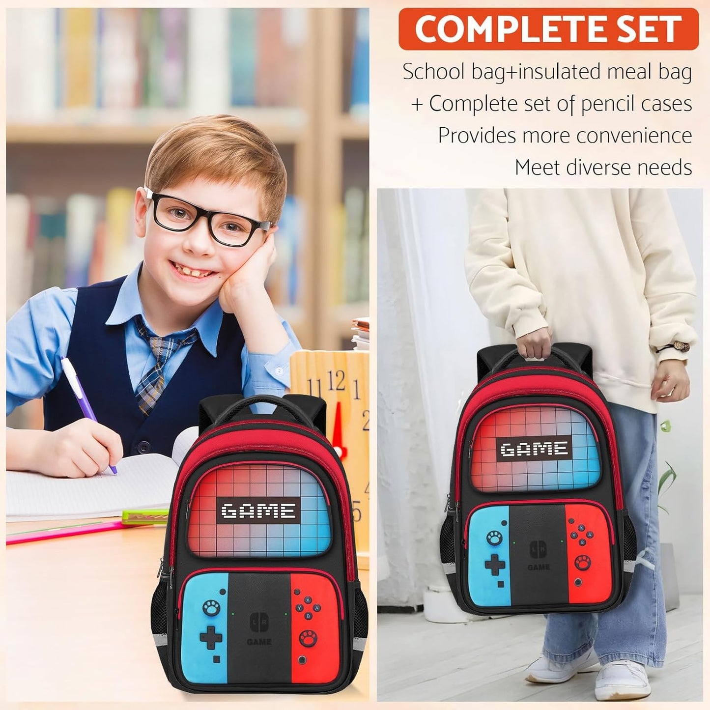 School Backpack for Boys - HFHTDC Gamer Boys Backpack for Kids Children Teens Elementary Middle School - Students Bookbag Ages 6-18,17″ Video Game Bookbag Travel Back Pack